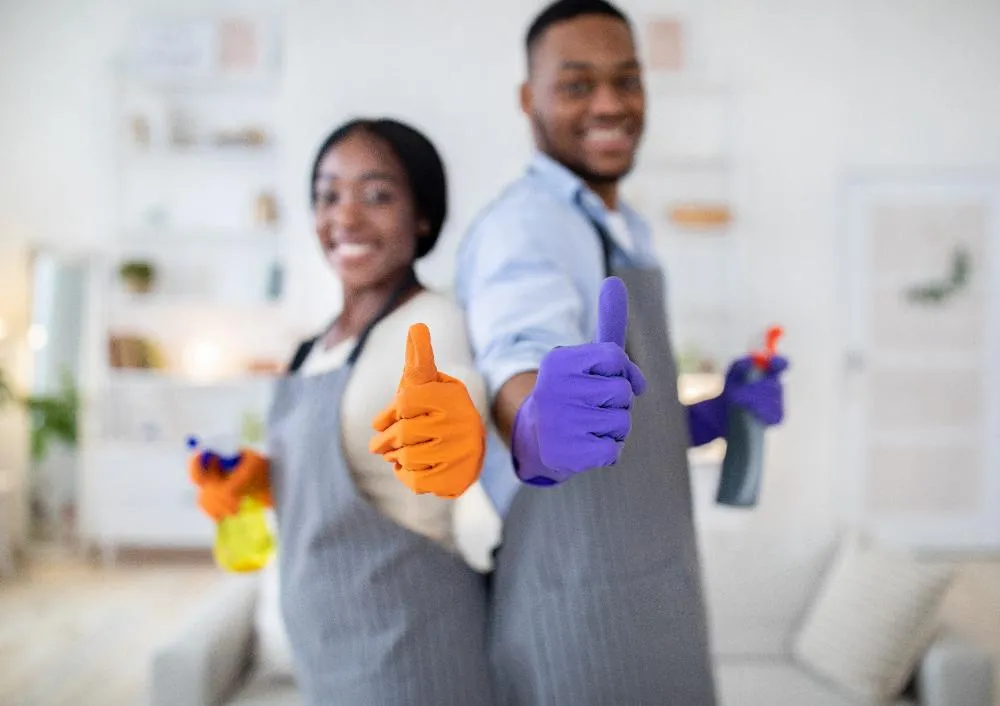 House Cleaning Concept Happy Black Couple In Rubber Gloves