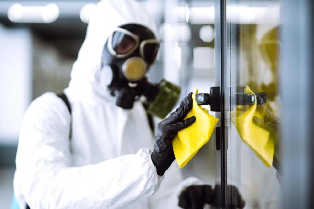 Man In Protective Hazmat Suit Washes Door Handles