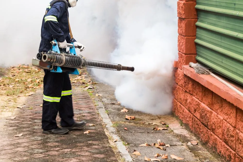 Worker Fogging Residential Area With Insecticides
